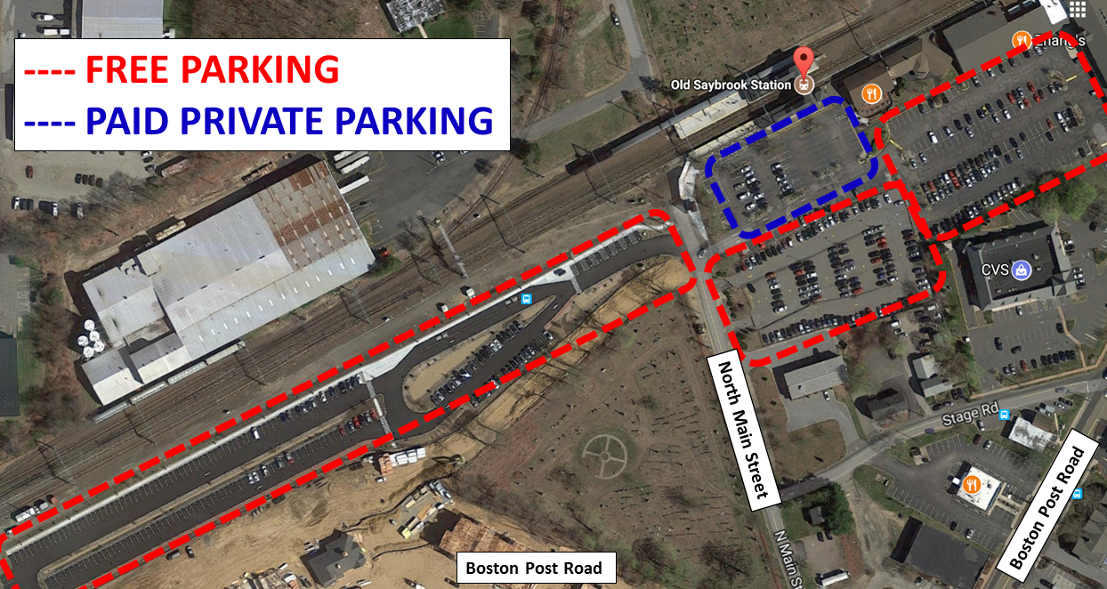 Old Saybrook map of parking with free and paid areas marked accordingly